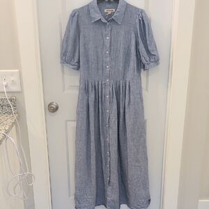 Boden Alexa Linen maxi shirt Dress With Short Puff Sleeves And Pockets